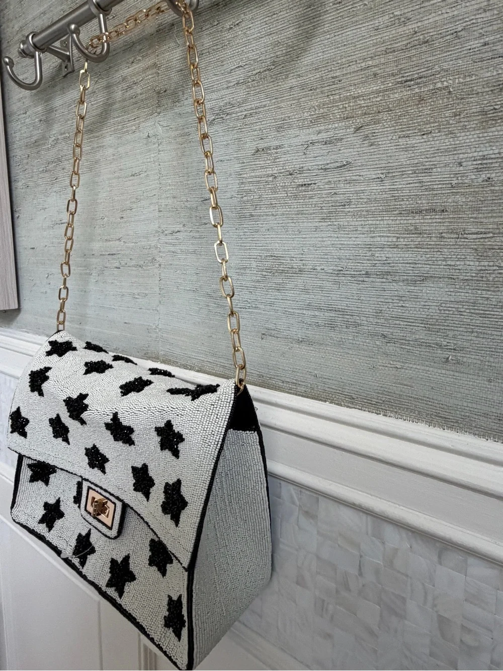 New Anthropologie oversized Maeve Beaded shoulder bag black stars white chain